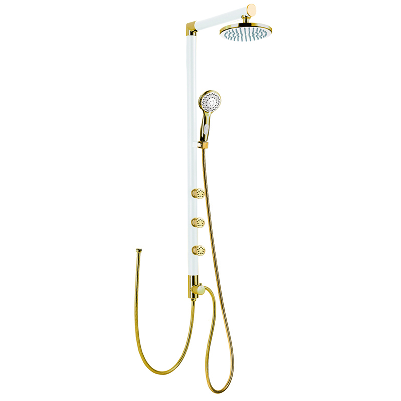HL-2460G Type”L” Al Gold and white color Shower Panel with Waterfall, 5 function handheld shower Head and spray jet for Bathroom